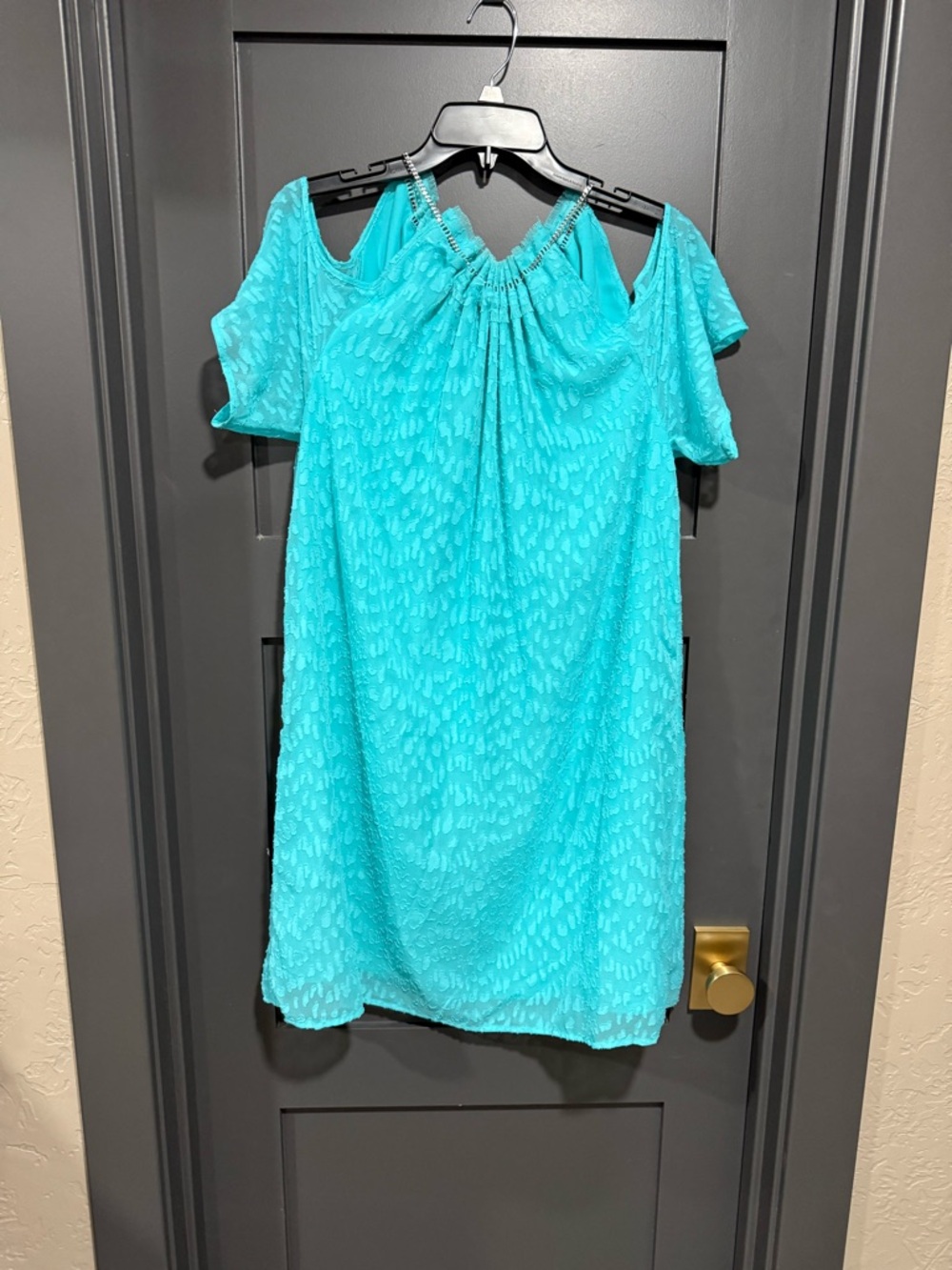 Turquoise Cold-Shoulder Textured Shift Dress